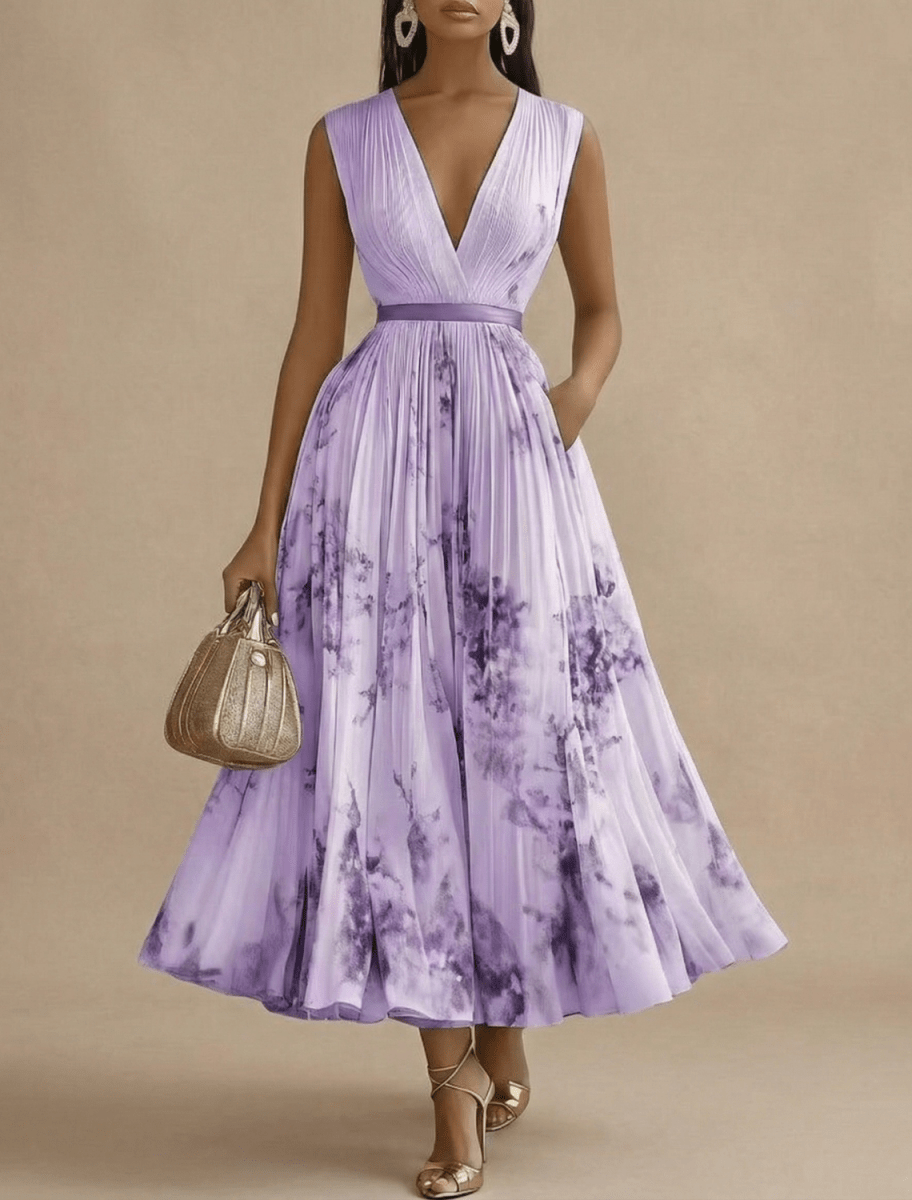 Women’s Sleeveless Pleated Maxi Dress with V - Neck and Defined Waist