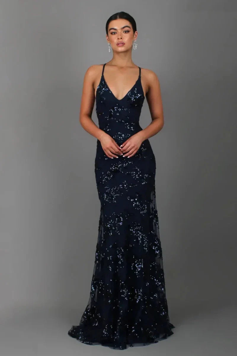 Women’s Sleeveless Sequin Maxi Dress with V - Neck and Crisscross Open Back