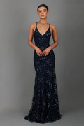 Women’s Sleeveless Sequin Maxi Dress with V - Neck and Crisscross Open Back