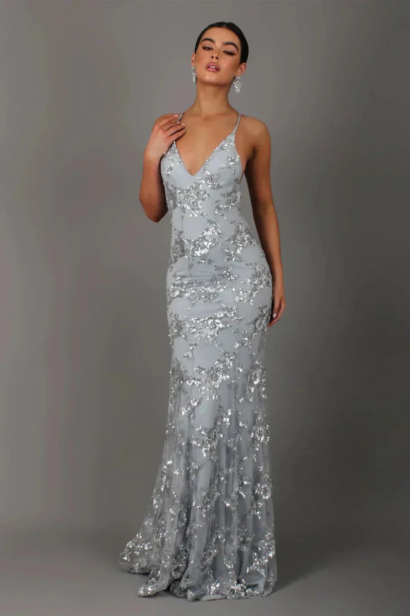 Women’s Sleeveless Sequin Maxi Dress with V - Neck and Crisscross Open Back