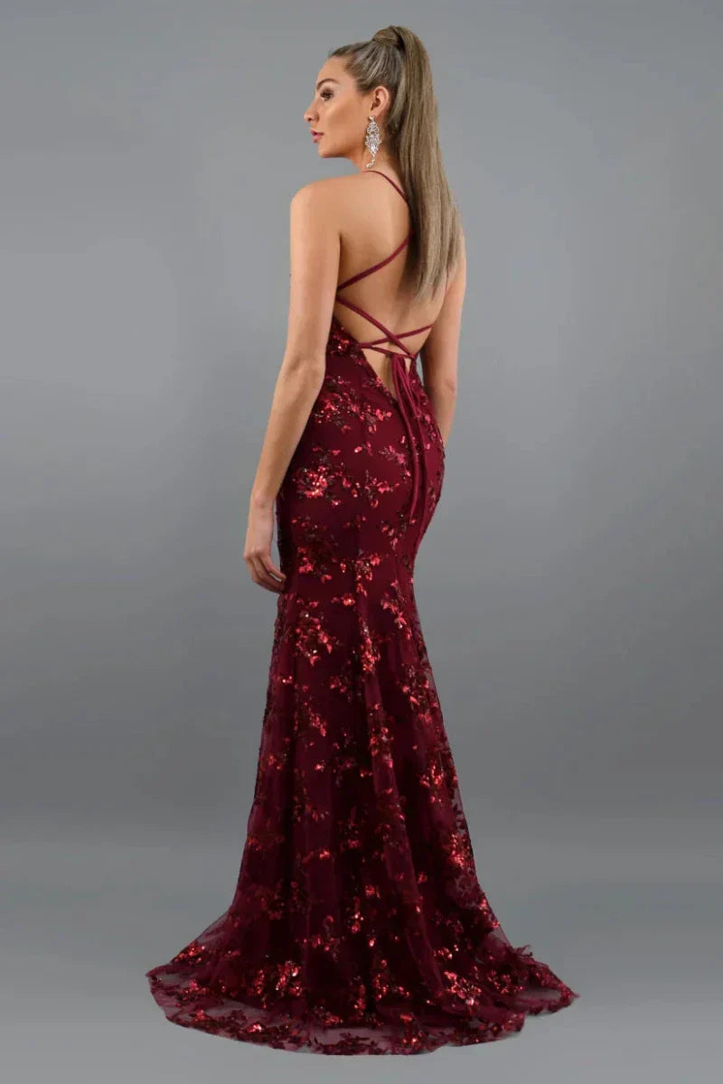 Women’s Sleeveless Sequin Maxi Dress with V - Neck and Crisscross Open Back