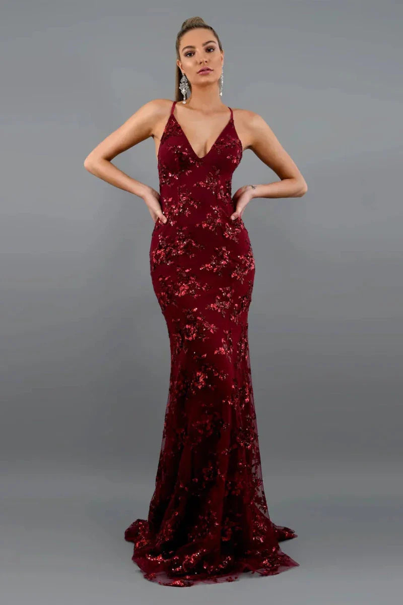 Women’s Sleeveless Sequin Maxi Dress with V - Neck and Crisscross Open Back
