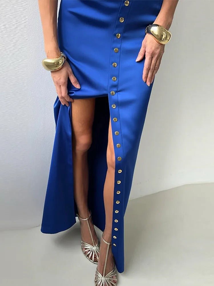 Women’s Sleeveless Two - Piece Set with High - Neck Top and Button - Front Maxi Skirt