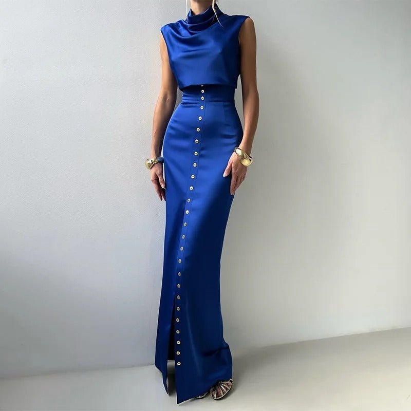 Women’s Sleeveless Two - Piece Set with High - Neck Top and Button - Front Maxi Skirt
