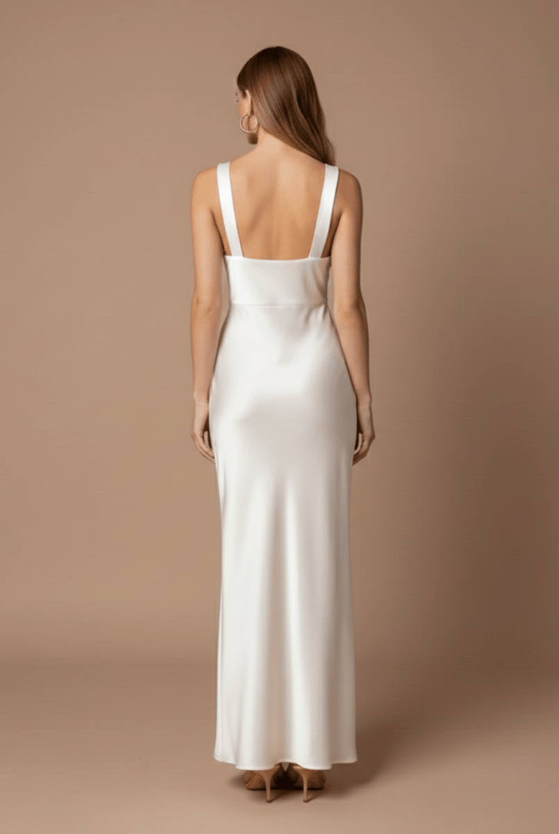 Women’s Sleeveless V - Neck Maxi Dress with Draped Neckline – Elegant Evening Silhouette