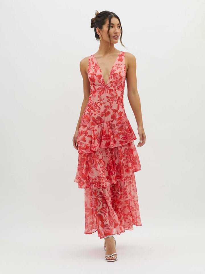 Women’s Sleeveless V - Neck Maxi Dress with Tiered Ruffle Skirt and Printed Pattern