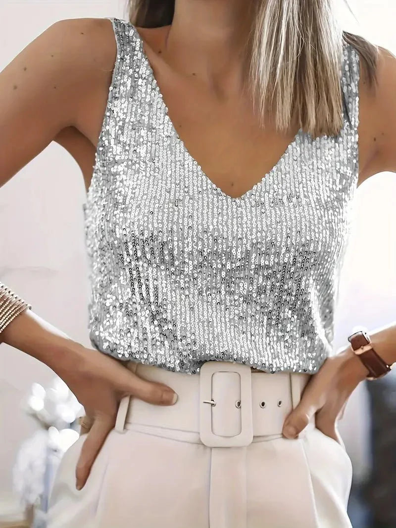 Women’s Sleeveless V - Neck Top with All - Over Sequin Detail
