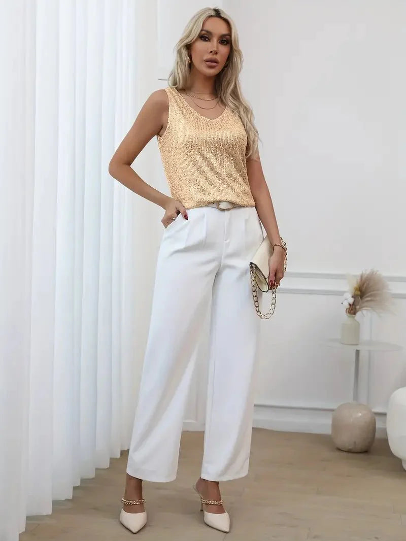 Women’s Sleeveless V - Neck Top with All - Over Sequin Detail