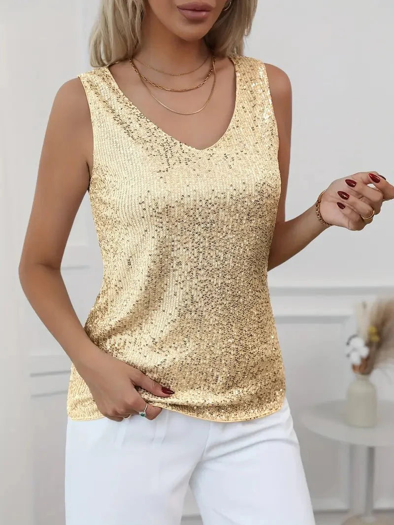 Women’s Sleeveless V - Neck Top with All - Over Sequin Detail