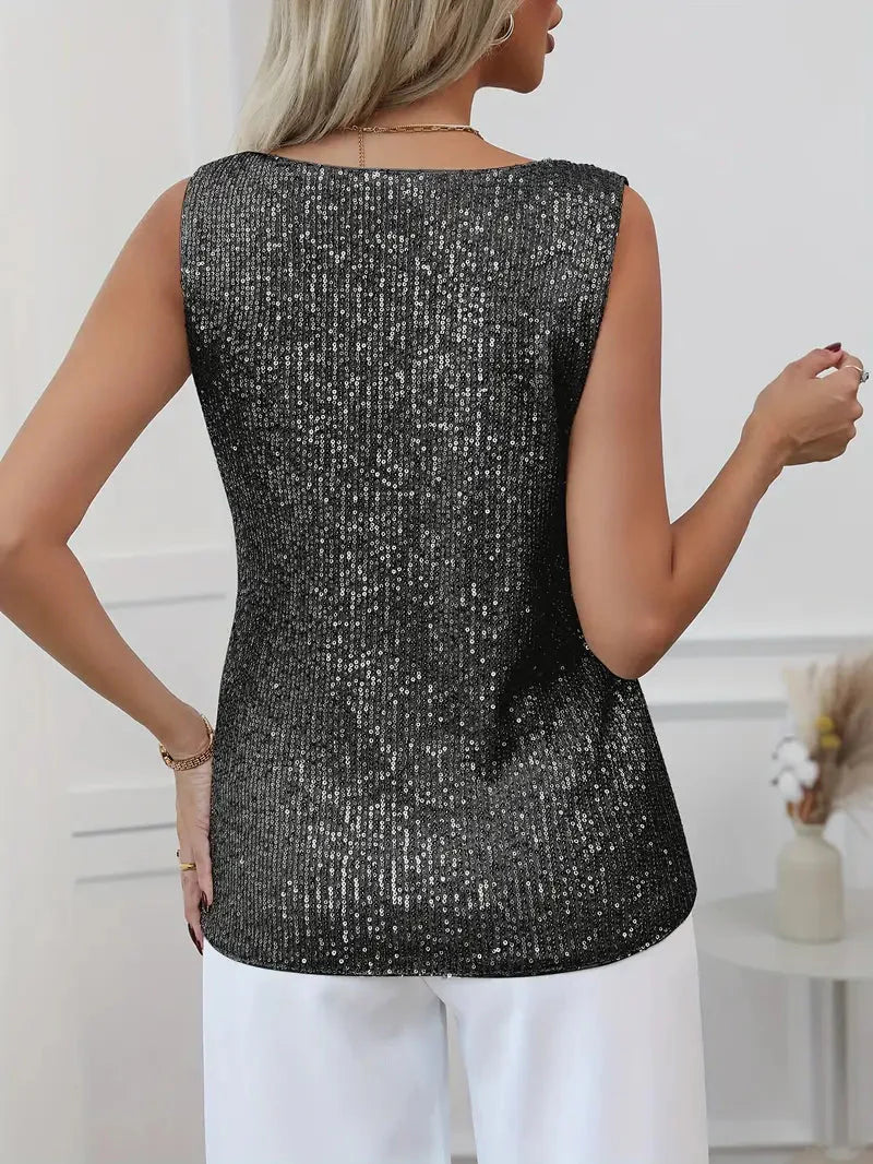 Women’s Sleeveless V - Neck Top with All - Over Sequin Detail