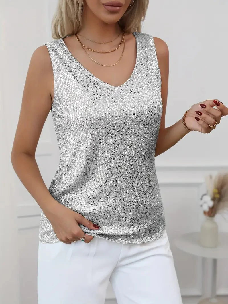 Women’s Sleeveless V - Neck Top with All - Over Sequin Detail