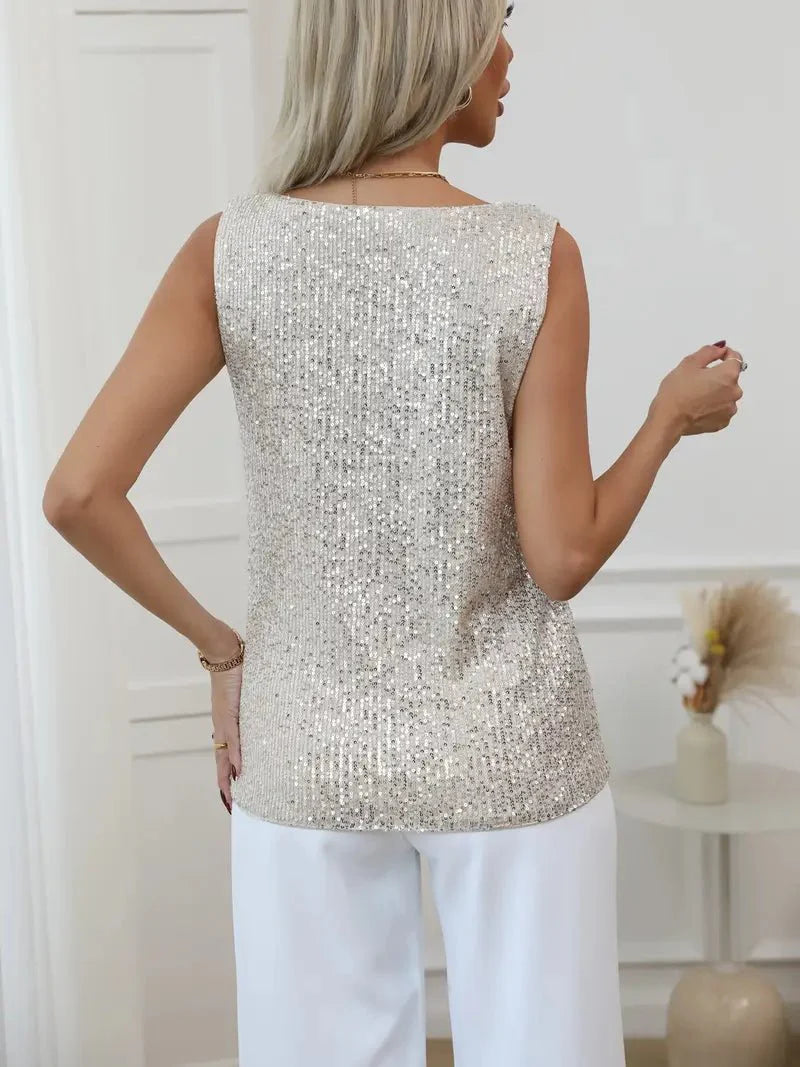 Women’s Sleeveless V - Neck Top with All - Over Sequin Detail