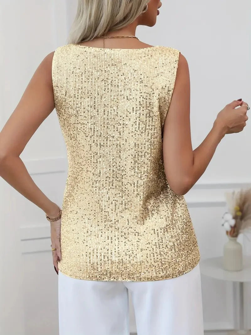 Women’s Sleeveless V - Neck Top with All - Over Sequin Detail