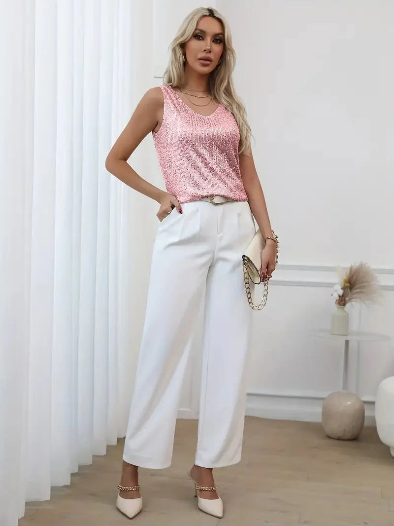 Women’s Sleeveless V - Neck Top with All - Over Sequin Detail