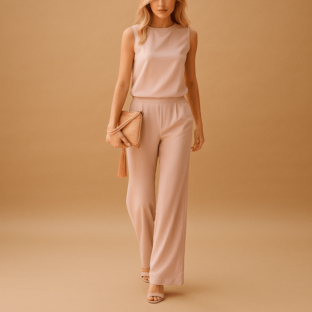 Women’s Sleeveless Wide Leg Jumpsuit with Round Neck and Mid - Waist Fit