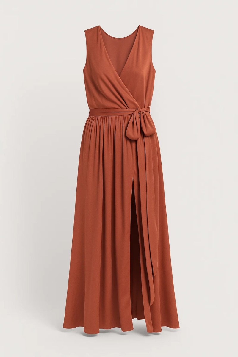 Women's Sleeveless Wrap Maxi Dress – Tie Waist and Front Slit Design