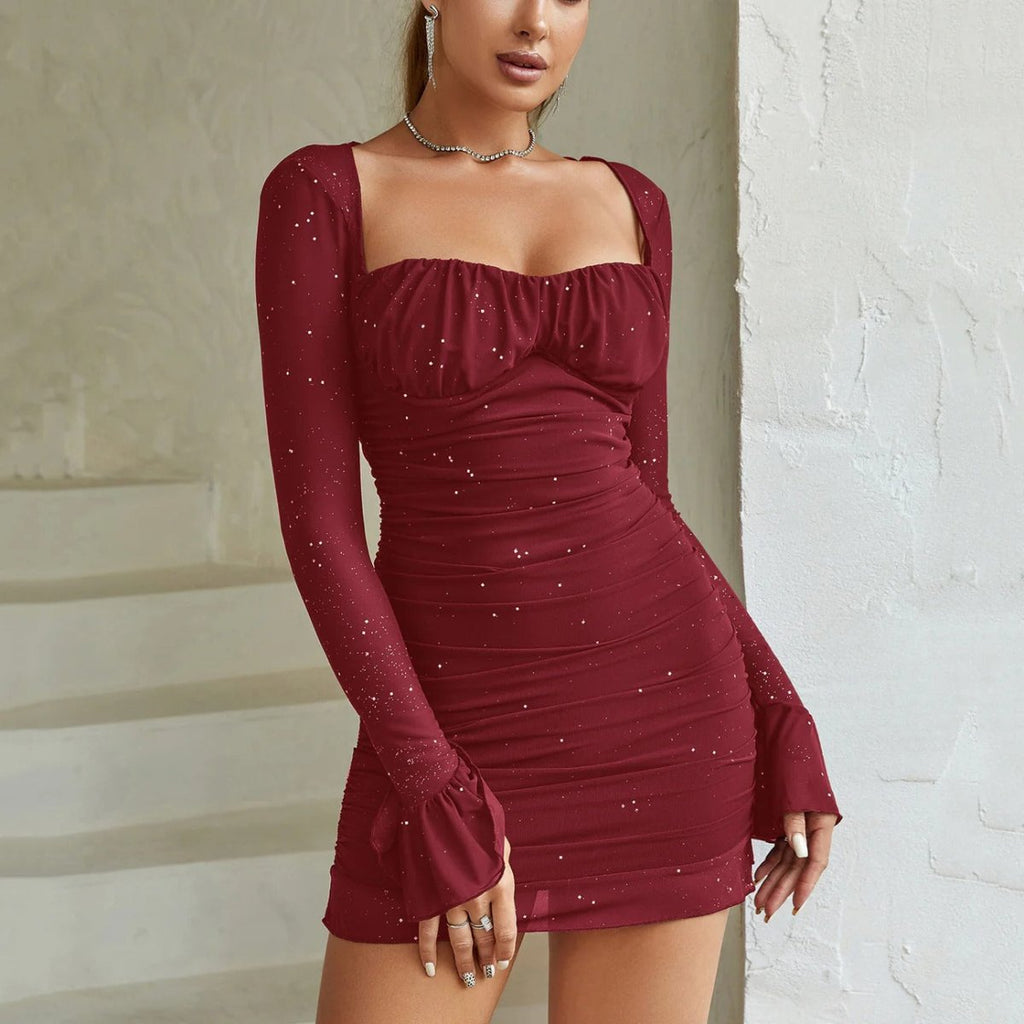 Women’s Square Neck Mini Dress with Long Sleeves and Ruched Detail