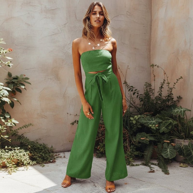 Women’s Strapless Bohemian Jumpsuit – Wide - Leg Silhouette with Tie Waist
