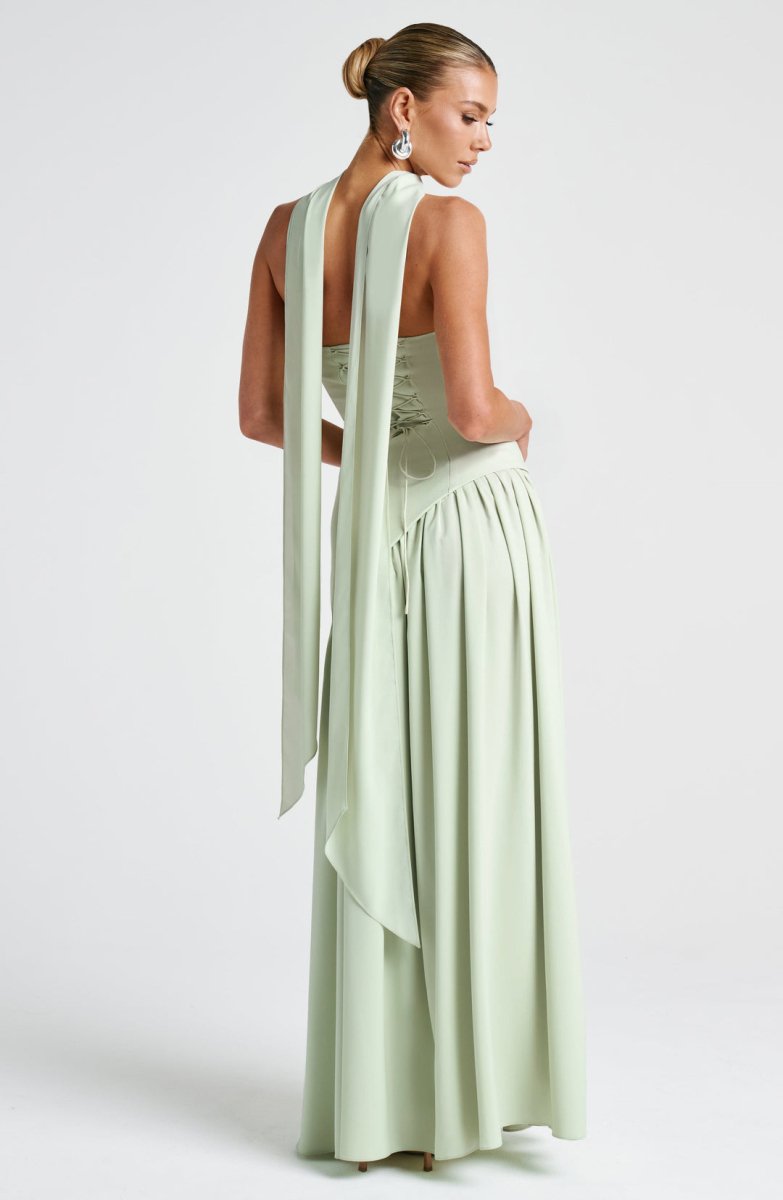 Women’s Strapless Maxi Dress with Asymmetric Waist Overlay, Neck Scarf Detail, and High Slit