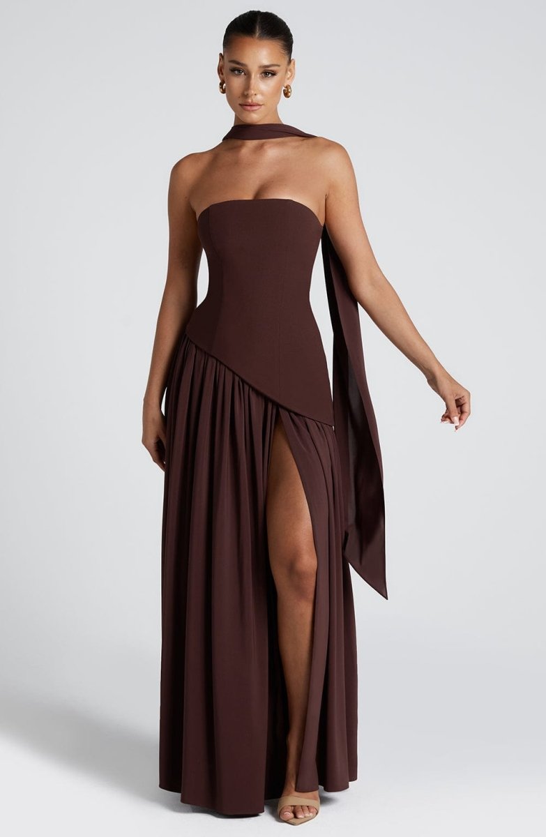 Women’s Strapless Maxi Dress with Asymmetric Waist Overlay, Neck Scarf Detail, and High Slit