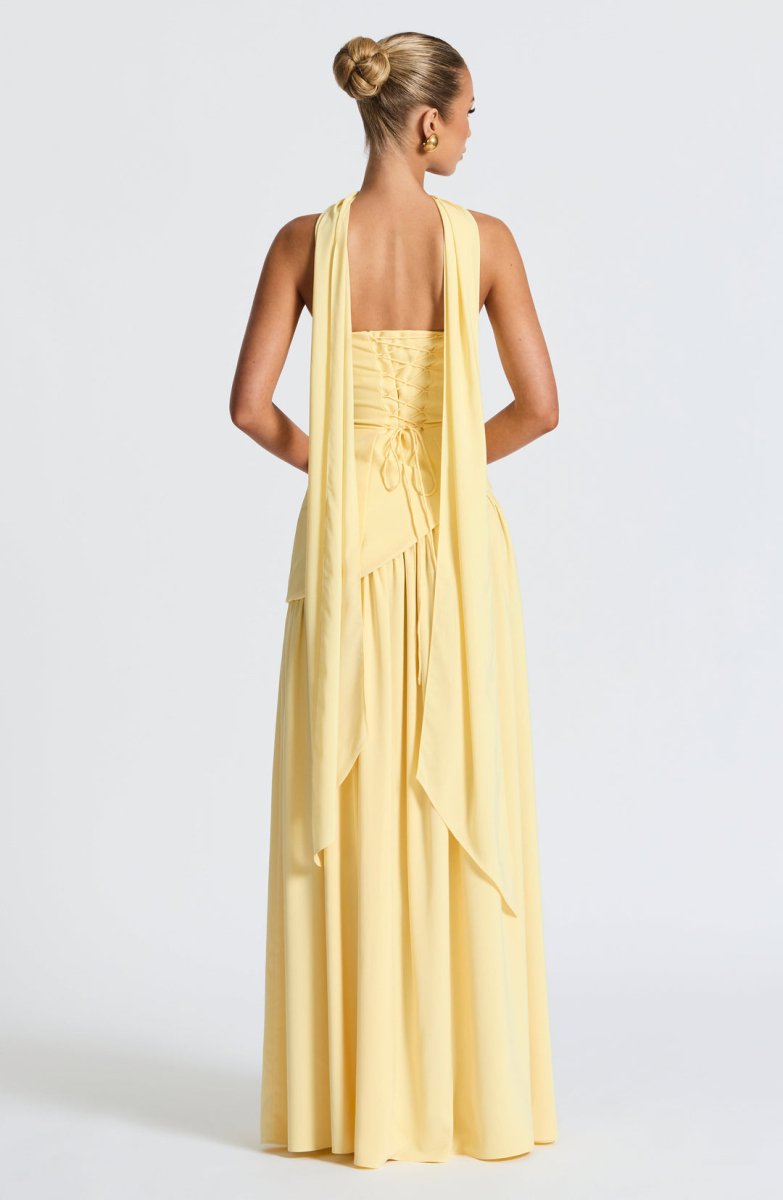 Women’s Strapless Maxi Dress with Asymmetric Waist Overlay, Neck Scarf Detail, and High Slit