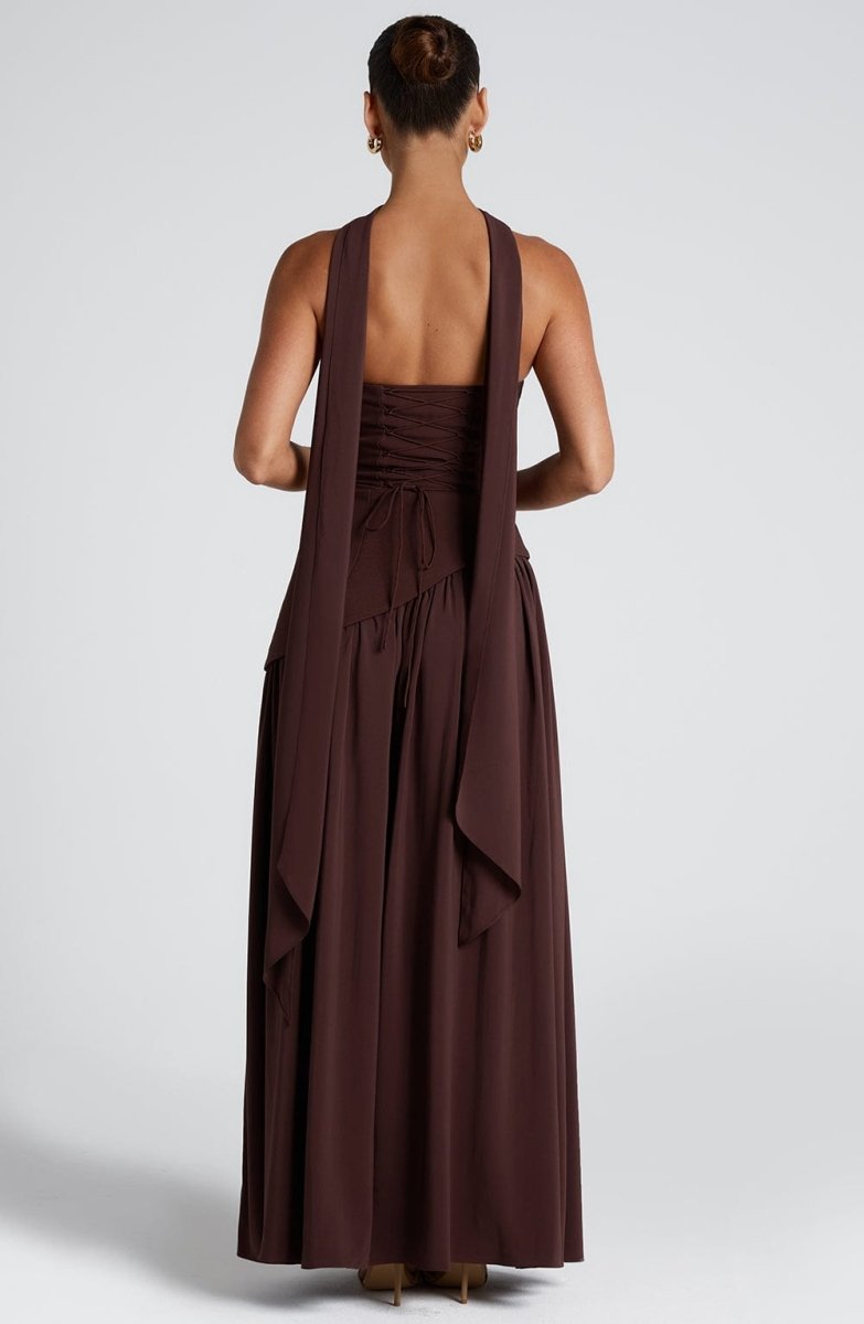 Women’s Strapless Maxi Dress with Asymmetric Waist Overlay, Neck Scarf Detail, and High Slit