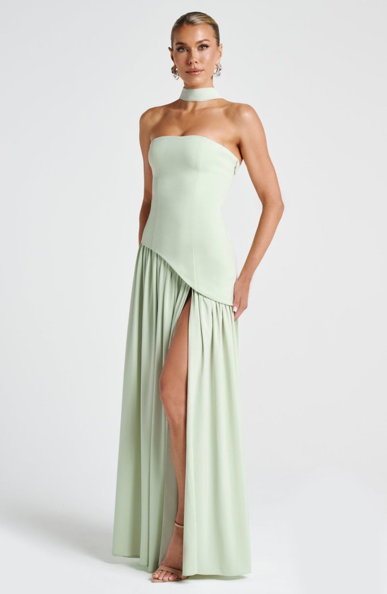 Women’s Strapless Maxi Dress with Asymmetric Waist Overlay, Neck Scarf Detail, and High Slit