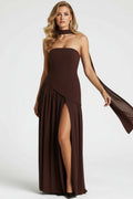 Women's Strapless Maxi Evening Dress – Asymmetric Slit Design with Scarf Detail