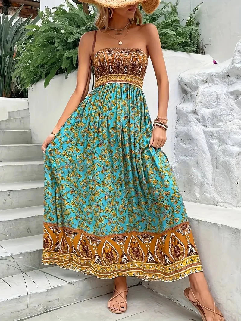 Women's Strapless Smocked Floral Paisley Print Maxi Dress