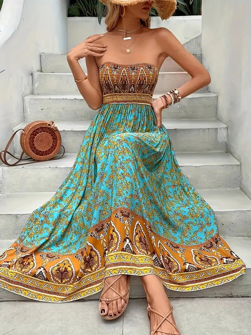 Women's Strapless Smocked Floral Paisley Print Maxi Dress