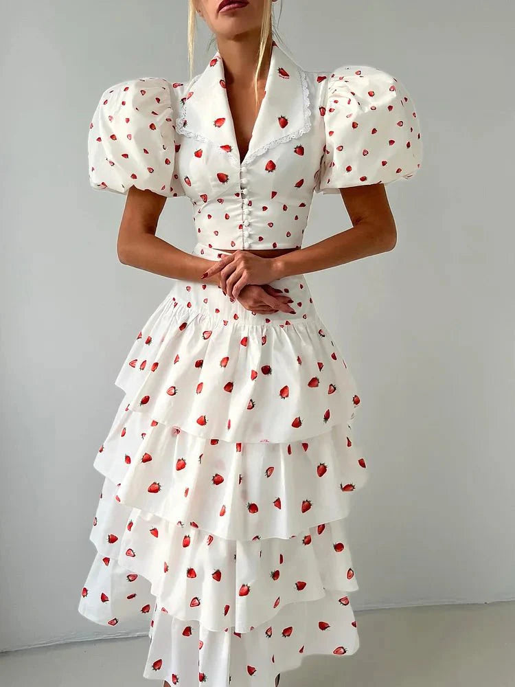 Women’s Strawberry Print Crop Top and Tiered Ruffle Skirt Two Piece Set