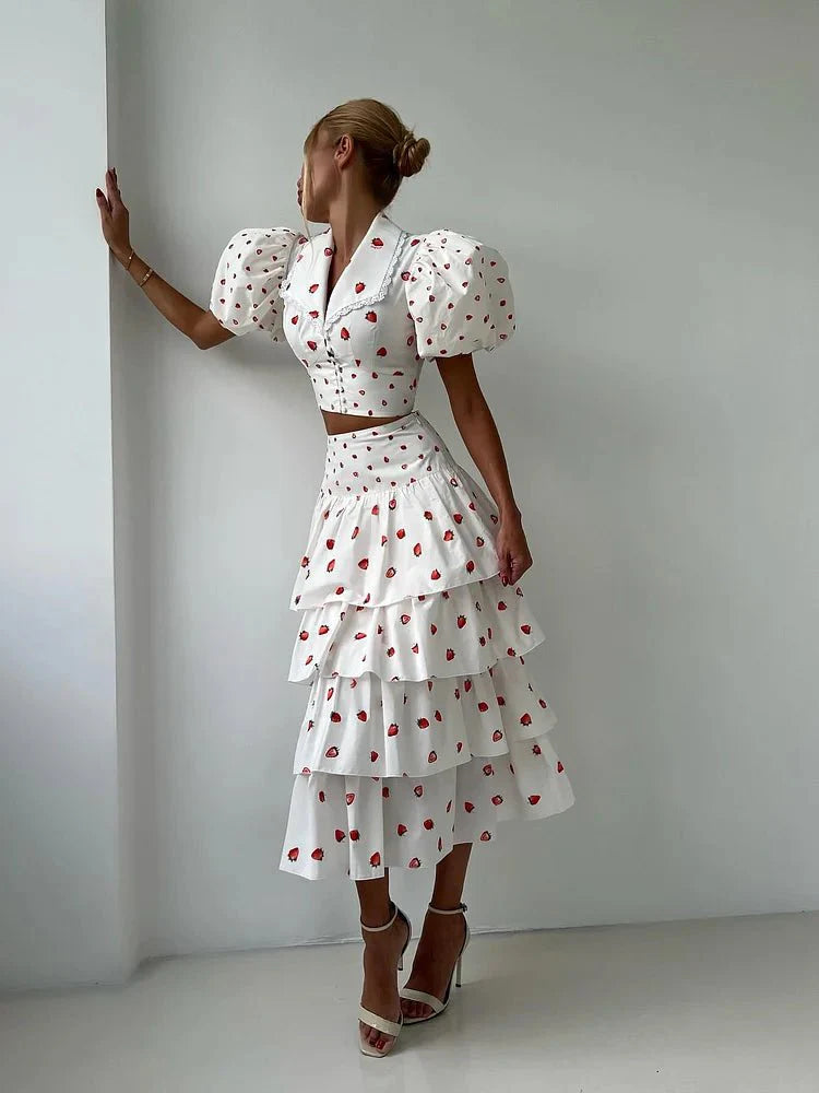 Women’s Strawberry Print Crop Top and Tiered Ruffle Skirt Two Piece Set