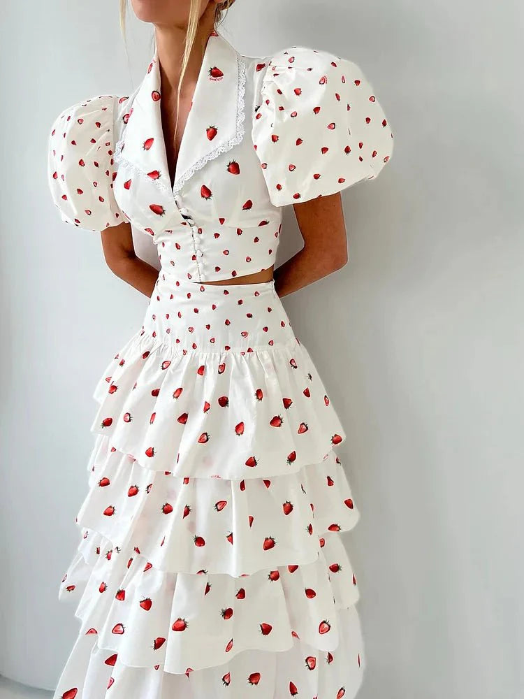 Women’s Strawberry Print Crop Top and Tiered Ruffle Skirt Two Piece Set