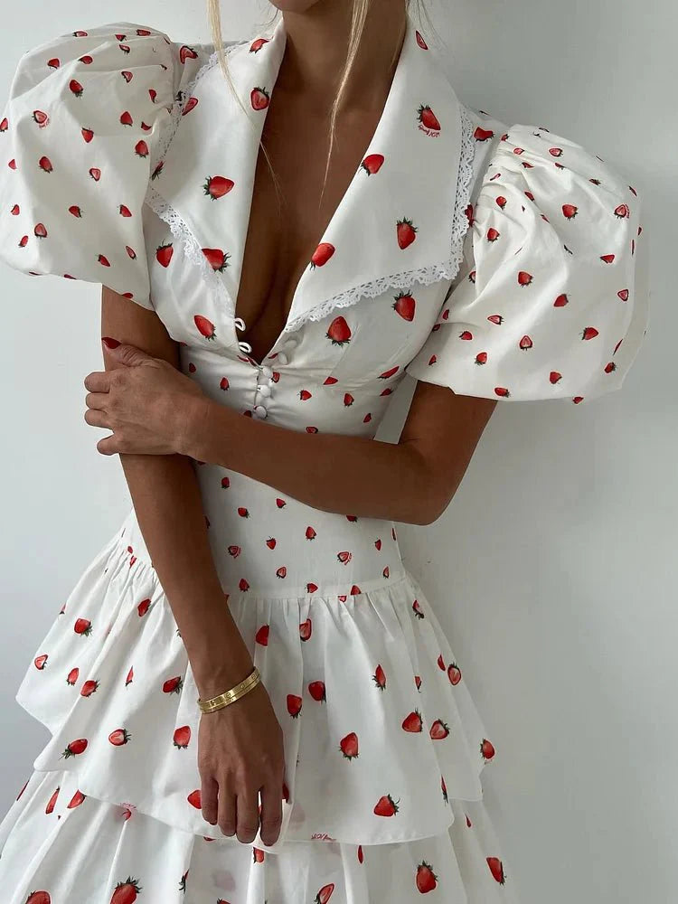 Women’s Strawberry Print Crop Top and Tiered Ruffle Skirt Two Piece Set