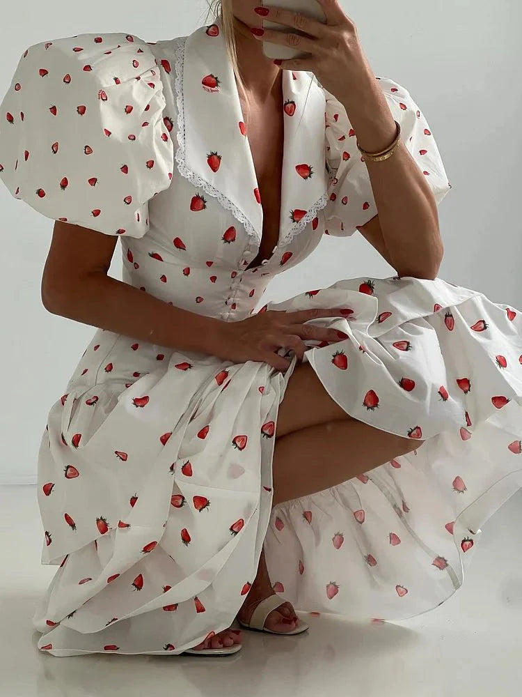 Women’s Strawberry Print Crop Top and Tiered Ruffle Skirt Two Piece Set