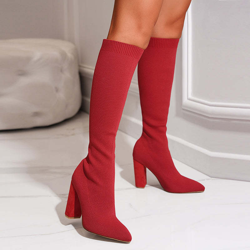 Women’s Stretch Knit Knee - High Sock Boots with Block Heel