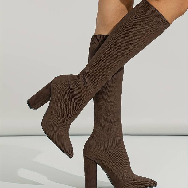 Women’s Stretch Knit Knee - High Sock Boots with Block Heel