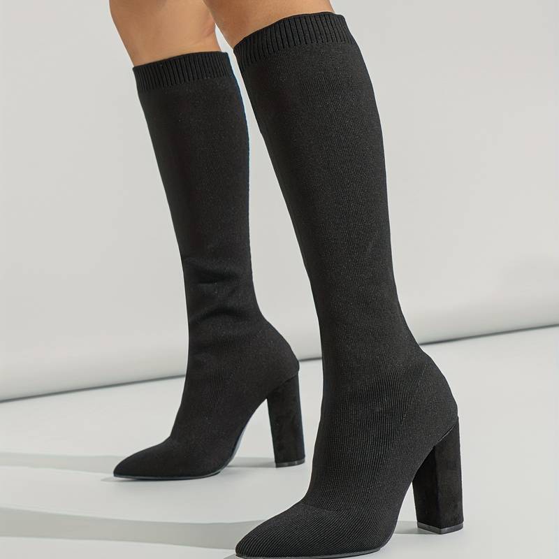 Women’s Stretch Knit Knee - High Sock Boots with Block Heel