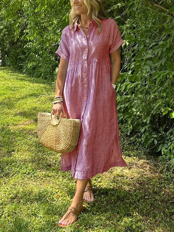 Women’s Striped Midi Shirt Dress with Short Sleeves and Button Front – Summer Dress
