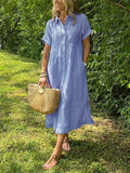 Women’s Striped Midi Shirt Dress with Short Sleeves and Button Front – Summer Dress