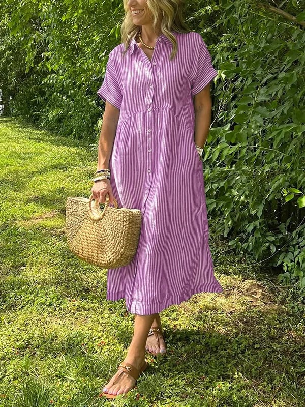 Women’s Striped Midi Shirt Dress with Short Sleeves and Button Front – Summer Dress