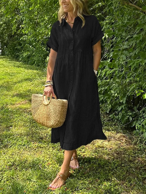 Women’s Striped Midi Shirt Dress with Short Sleeves and Button Front – Summer Dress