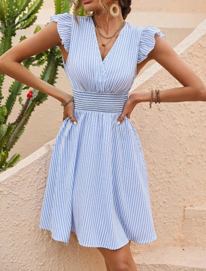Women’s Striped Mini Dress with V - Neck and Ruffle Cap Sleeves – Summer Dress