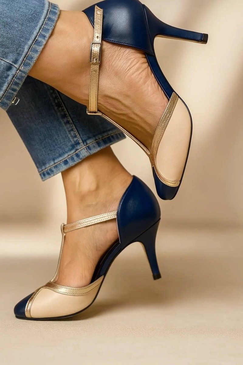 Women’s T - Strap Heels with Closed Toe and Buckle Ankle Strap