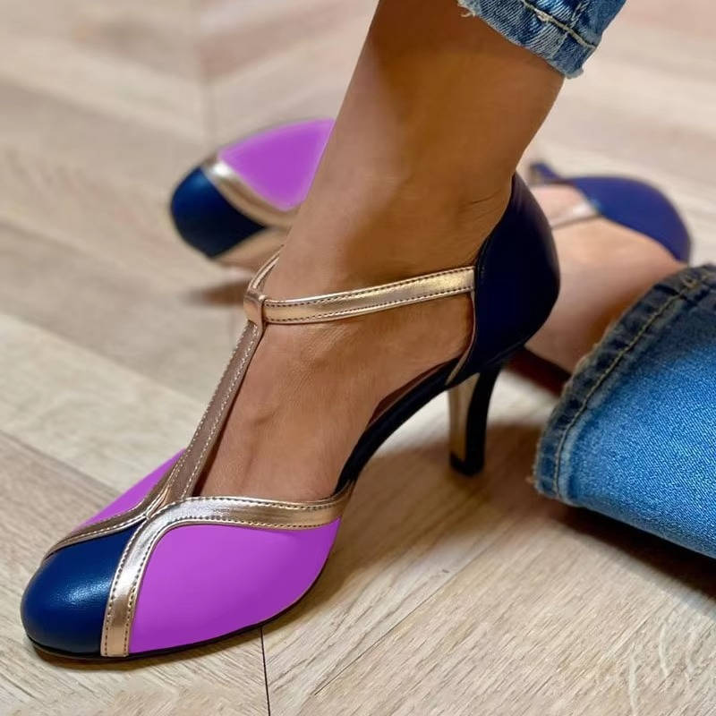 Women’s T - Strap Heels with Closed Toe and Buckle Ankle Strap