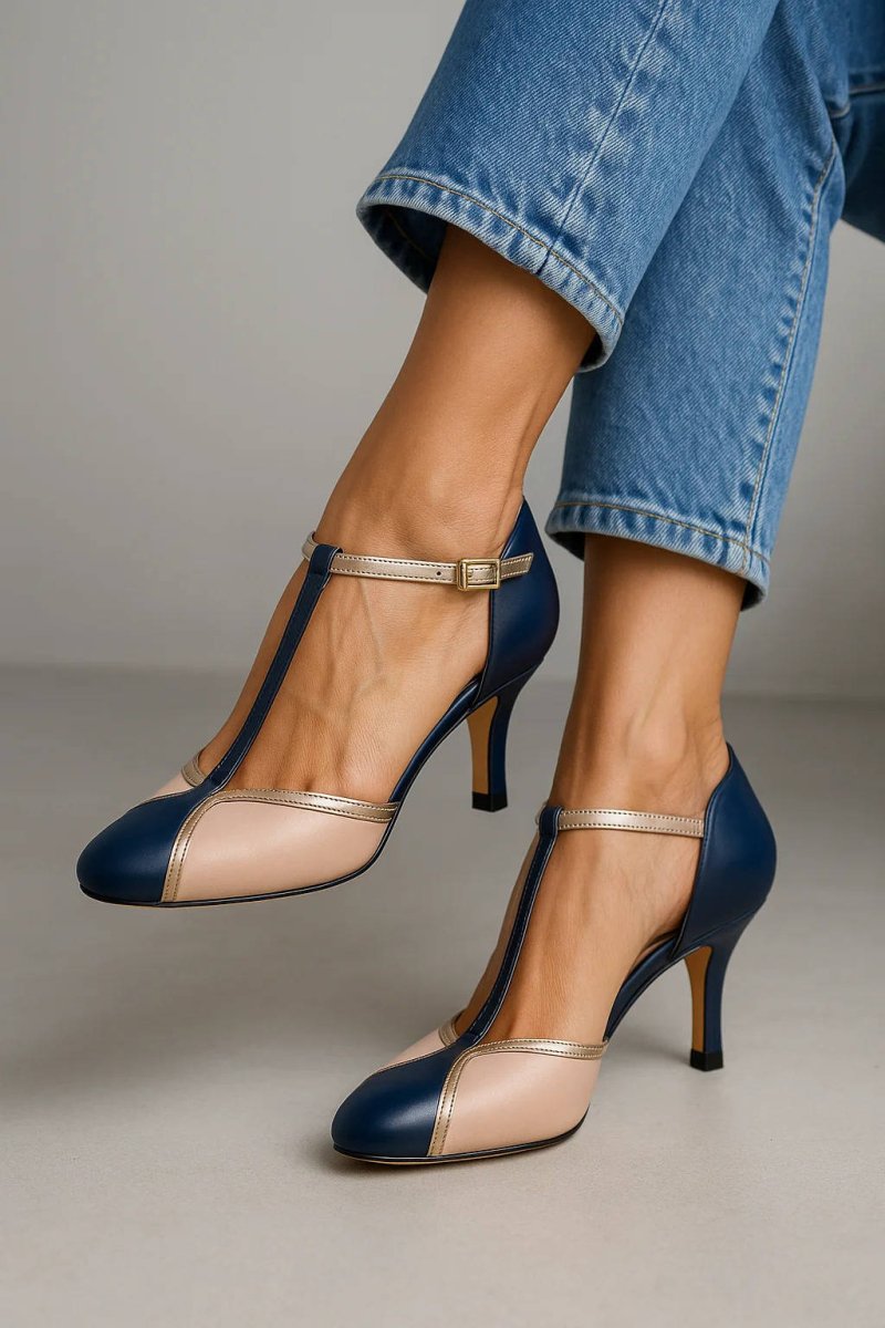 Women’s T - Strap Heels with Closed Toe and Buckle Ankle Strap