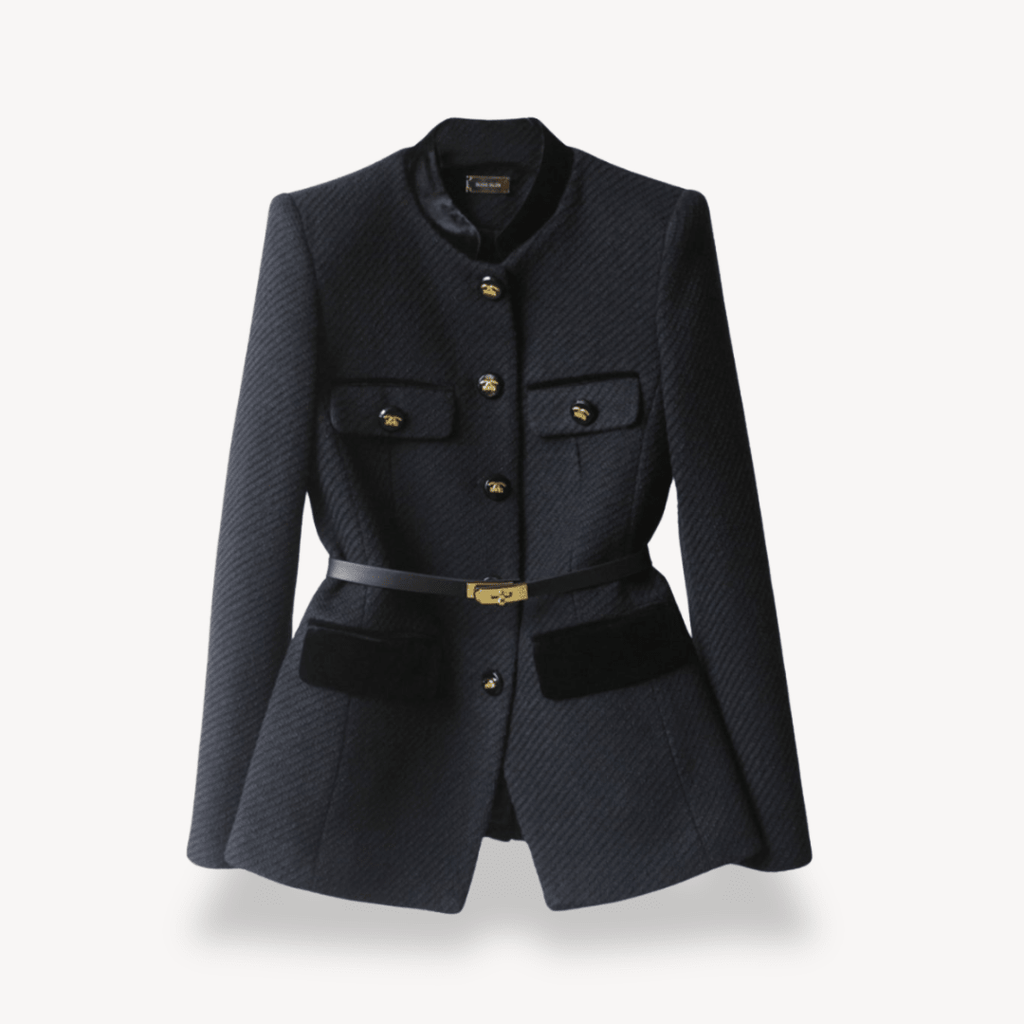 Women’s Tailored Belted Blazer with Button Front and Contrast Trim