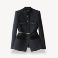 Women’s Tailored Belted Blazer with Button Front and Contrast Trim