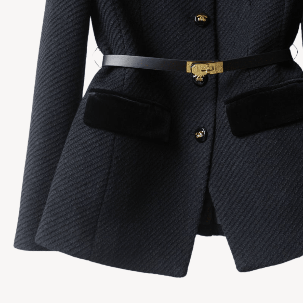 Women’s Tailored Belted Blazer with Button Front and Contrast Trim
