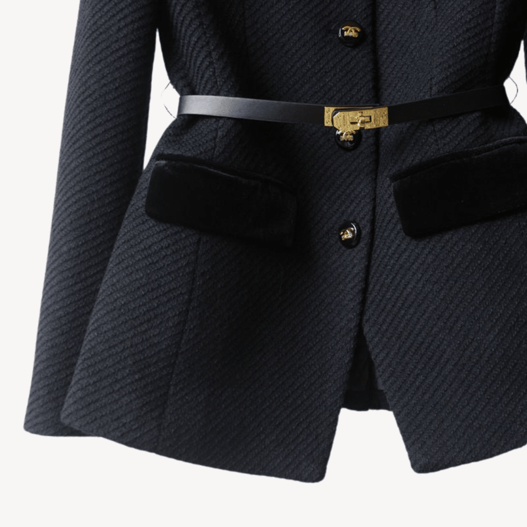 Women’s Tailored Belted Blazer with Button Front and Contrast Trim